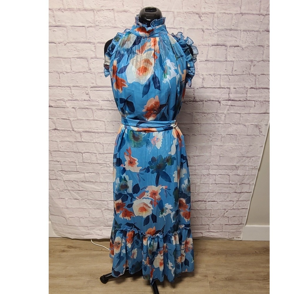 Nancy Yang Blue Floral Metallic Maxi Dress High Neck Ruffle Sleeveless Size XS